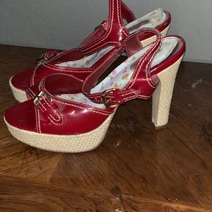 Red and basket weave platform heel